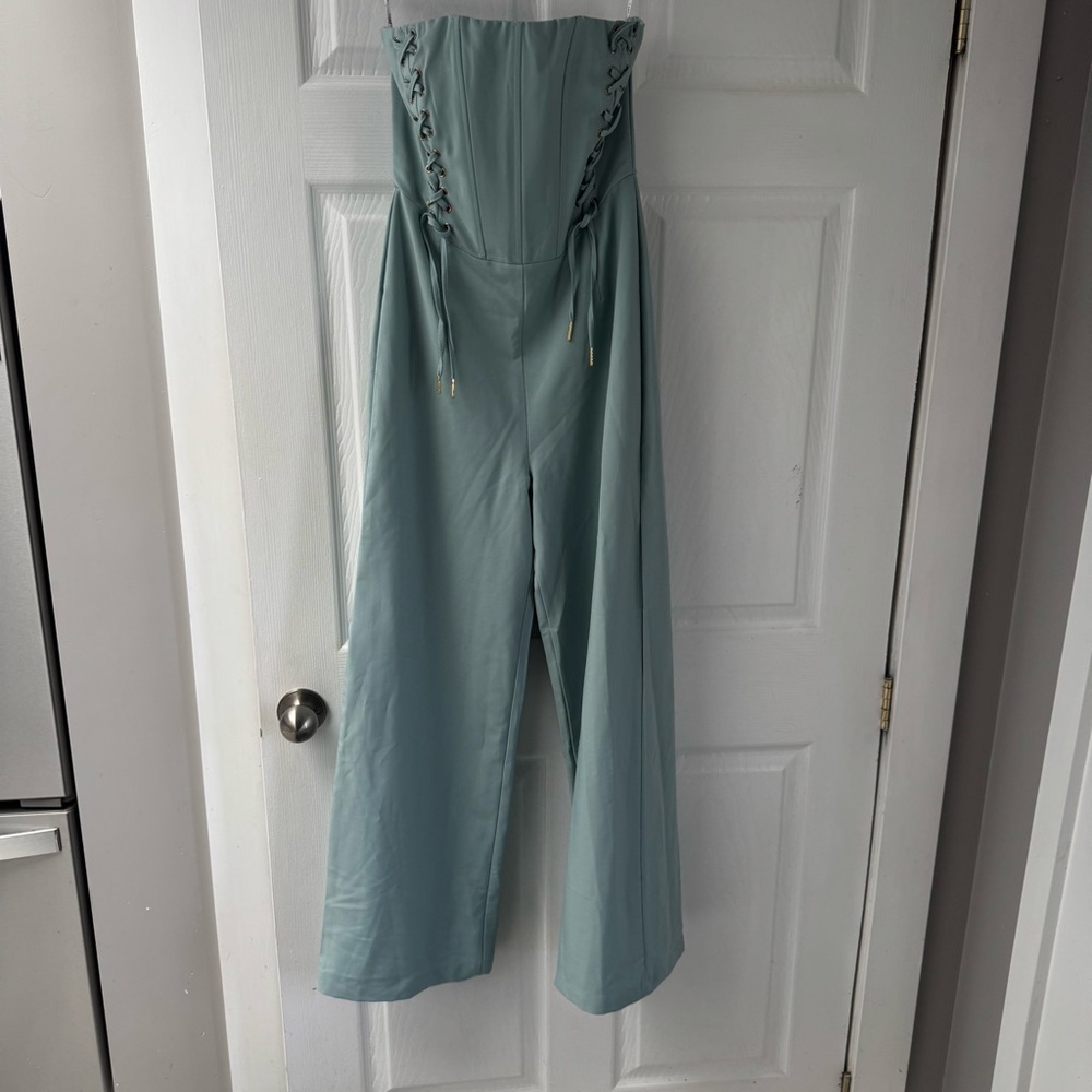 Club L London Seafoam Strapless Lace-Up Wide Leg Jumpsuit